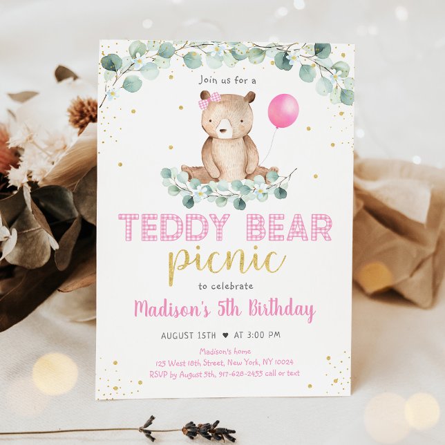 Invitation Teddy Bear Pique-nique Rose Floral Anniversaire (Créateur téléchargé)