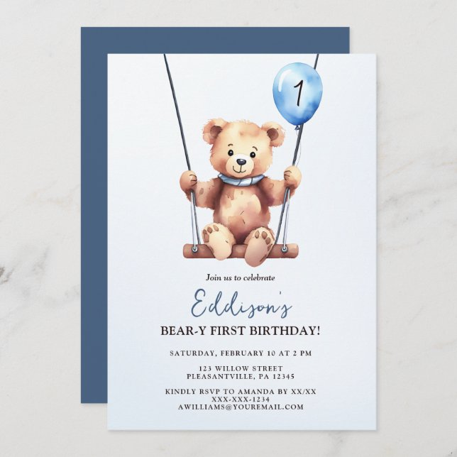 Invitation Teddy Bear Premier anniversaire (Devant / Derrière)