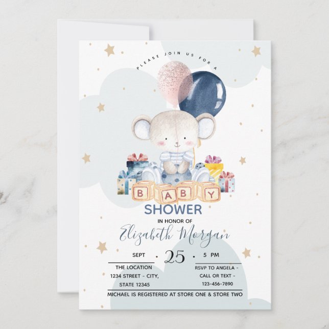 Invitation Teddy Bear présente le Baby shower des nuages (Devant)