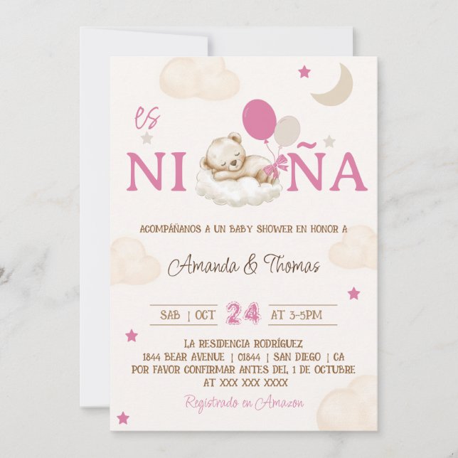 Invitation Teddy Bear rose Baby shower espagnol fille (Devant)