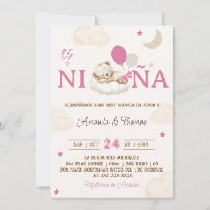 Invitation Teddy Bear rose Baby shower espagnol fille