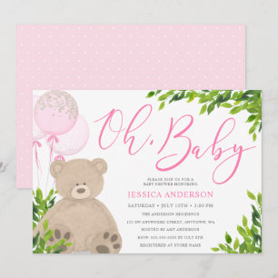 Invitation Teddy Bear rose Balloon vert Baby shower fille
