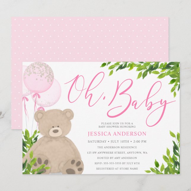 Invitation Teddy Bear rose Balloon vert Baby shower fille (Devant / Derrière)