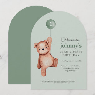 Invitation Teddy Bear Sage Green Première fête d'anniversaire