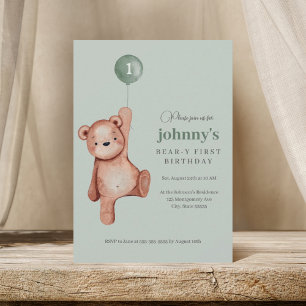 Invitation Teddy Bear Sage Green Première fête d'anniversaire