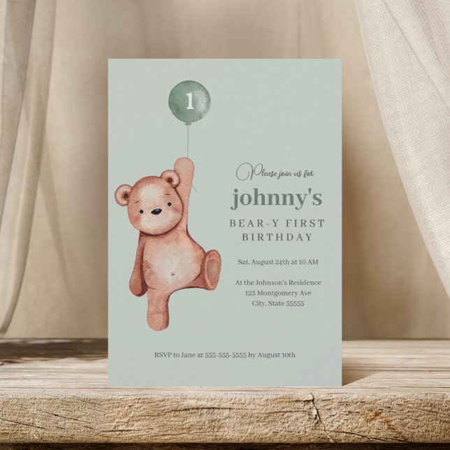 Invitation Teddy Bear Sage Green Première fête d'anniversaire (Créateur téléchargé)