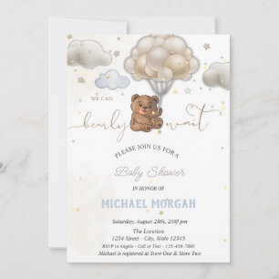 Invitation Teddy Bear Stars Balloons Nuages Baby Shower