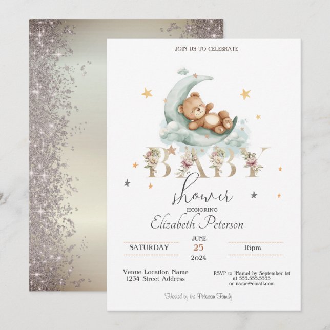 Invitation Teddy Bear Stars Parties scintillant Gold Baby sho (Devant / Derrière)
