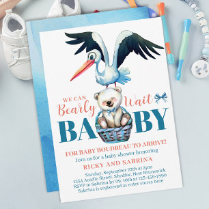 Invitation Teddy Bear Stork Bearly There Baby shower bleu