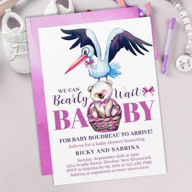 Invitation Teddy Bear Stork Bearly There Baby shower rose (Créateur téléchargé)