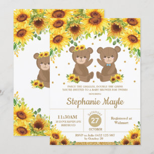 Invitation Teddy Bear Sunflower Baby shower Twin Boy Girl