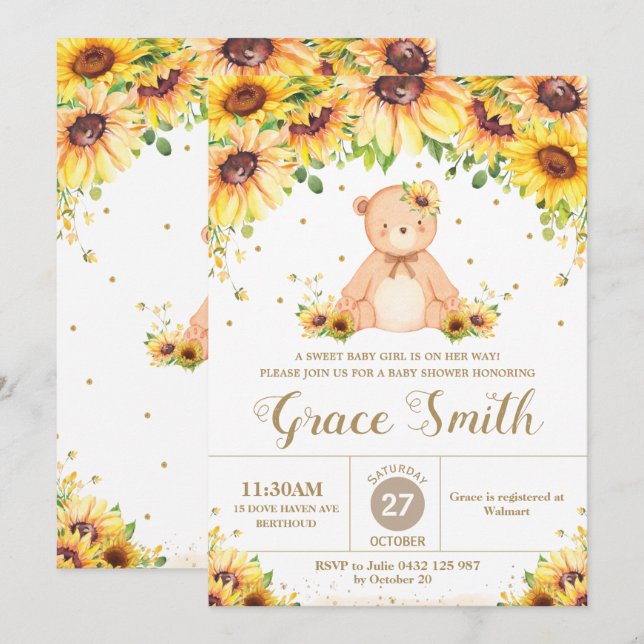 Invitation Teddy Bear Sunflower Floral Baby shower Girl Invi (Devant / Derrière)