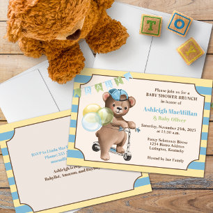 Invitation Teddy Bear sur Scooter, Baby shower rayé