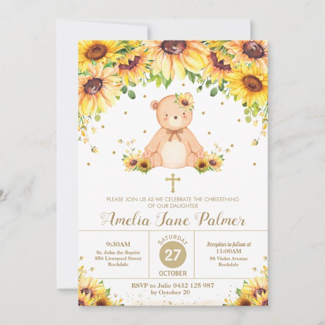 Invitation Teddy Bear Tournesol Floral Christening Baptême (Devant)