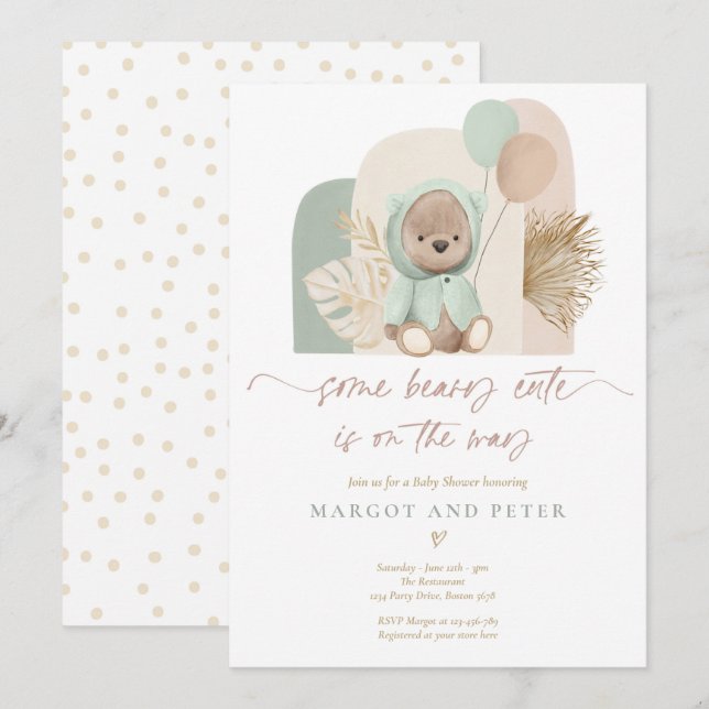 Invitation Teddy Bear Un Baby shower Boho De Beary Cute (Devant / Derrière)