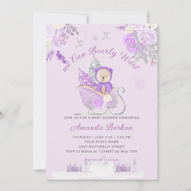 Invitation Teddy Bear violet fleuri Bearly Wait Baby shower (Devant)