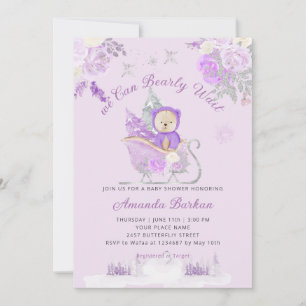 Invitation Teddy Bear violet fleuri Bearly Wait Baby shower