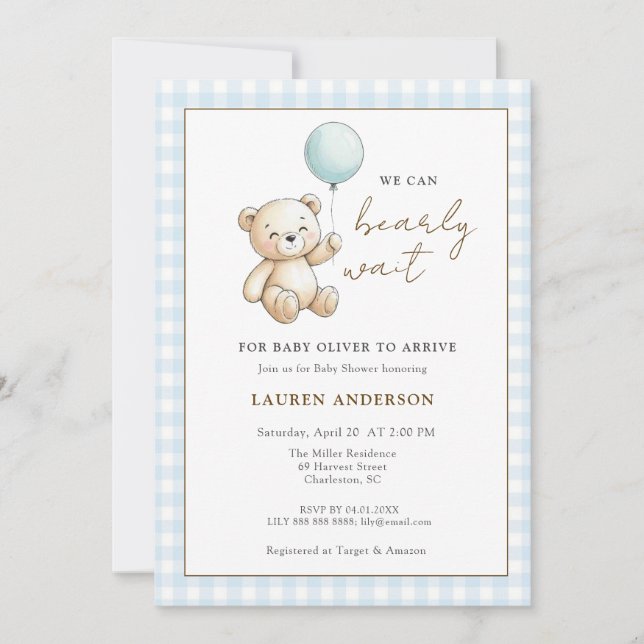 Invitation Teddy Bear We can Bearly wait Boy Baby shower (Devant)