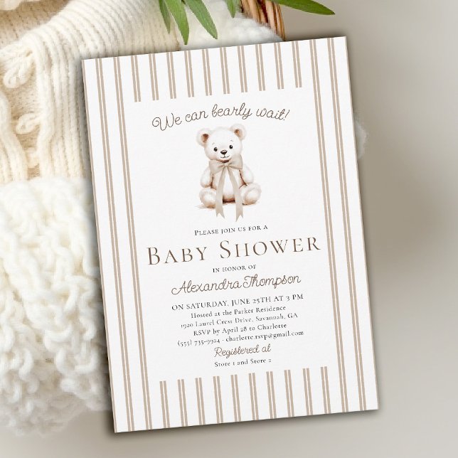 Invitation Teddy Bearly Wait Neutral Tan Stripes Baby Shower (bearly wait baby shower invitation traditional classic nursery stripes teddy bear bow watercolor)