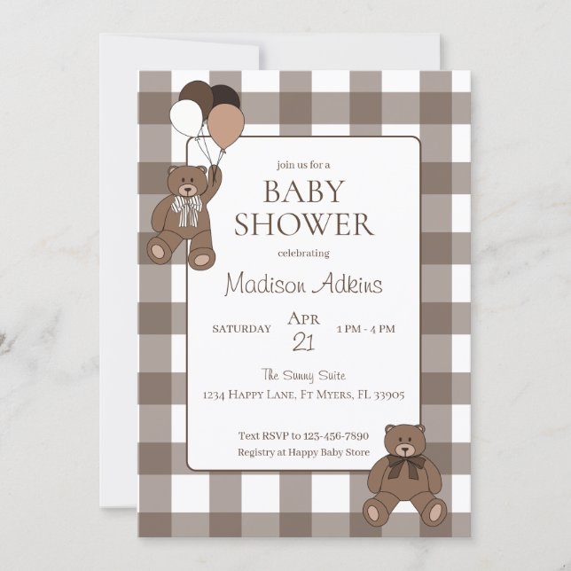 Invitation Teddy Bears Baby Boy Brown Baby Shower (Devant)