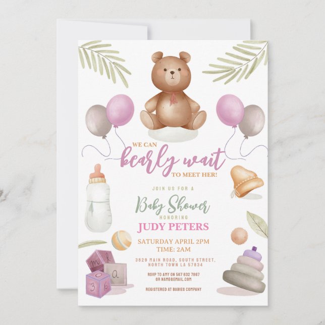 Invitation Teddy Ours Baby shower Rose fille à peine attendre (Devant)
