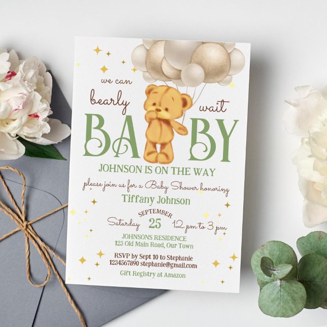Invitation Teddy ours bearly attends vert brun baby shower (Teddy bear bearly wait baby shower template invitation cute teddy bear with balloons sage green brow)