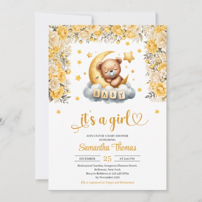 Invitation Teddy ours dormir jaune fleur fille baby shower (Devant)