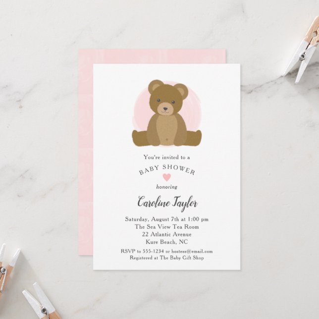 Invitation Teddy Ours rose Aquarelle Bébé Fille Douche (Devant/Arrière en situation)