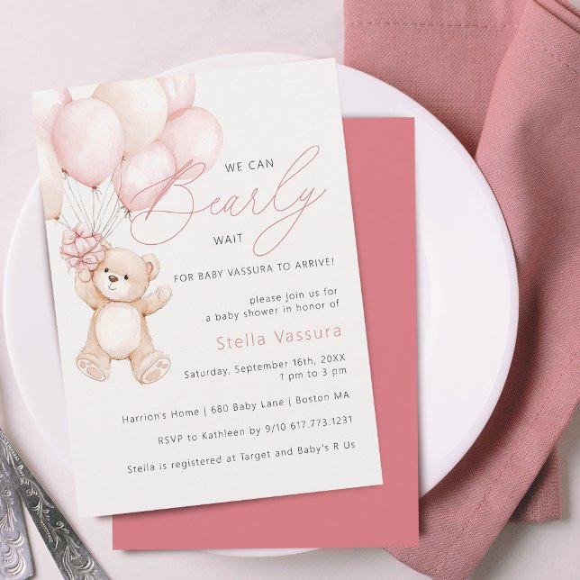 Invitation Teddy Ours rose Ballons Baby shower fille (Teddy Bear Pink Balloons Girl Baby Shower Invitation)