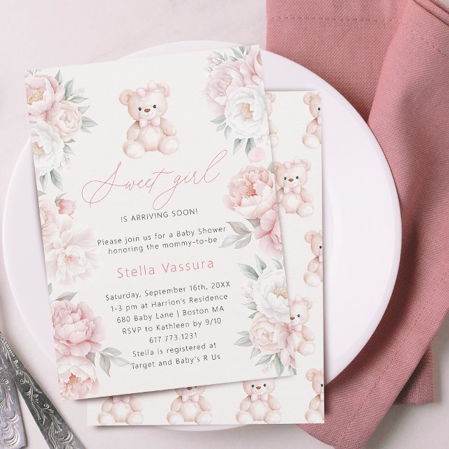 Invitation Teddy Ours rose Fleurs Baby shower fille (Teddy Bear Pink Flowers Girl Baby Shower Invitation)
