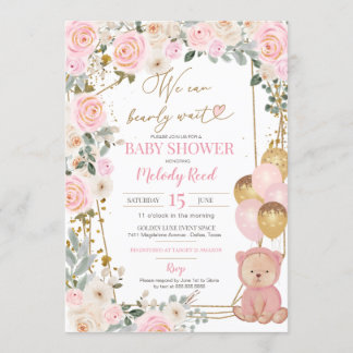 Invitation Teddy Ours rose Floral Balloons Fille Baby shower