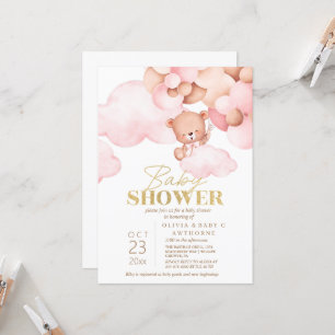 Invitation Teddy Ours rose Or bébé fille Douche