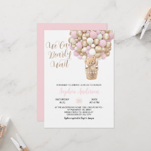 Invitation Teddy Ours Rose Tan Balloons Fille Baby shower