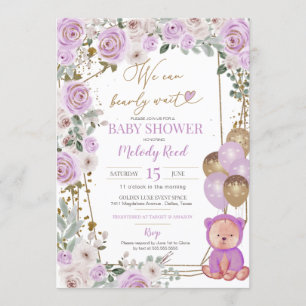 Invitation Teddy Ours Violet Floral Balloons Fille Baby showe