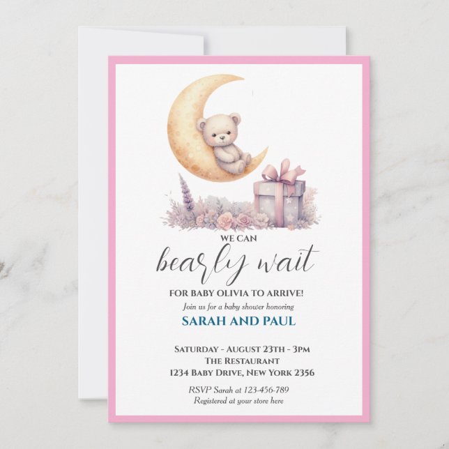 Invitation Teddy Pink Bear We Can Bearly Wait  (Devant)