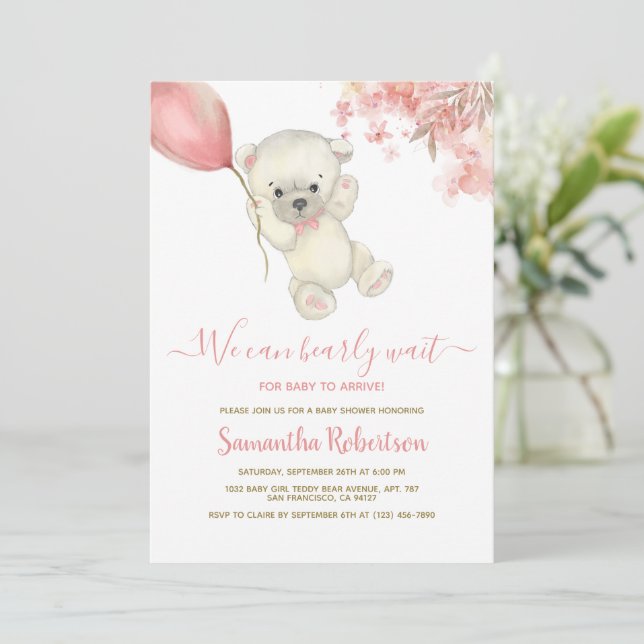 Invitation Teddy Polar Ours rose Balloon Baby shower fille (Debout devant)