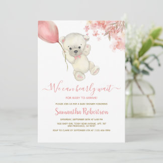 Invitation Teddy Polar Ours rose Balloon Baby shower fille