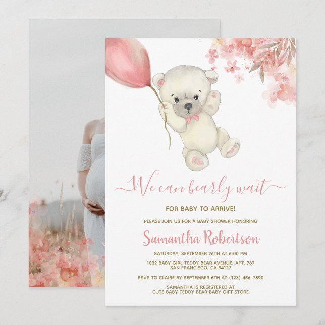 Invitation Teddy Polar Ours rose Balloon Baby shower fille (Devant / Derrière)