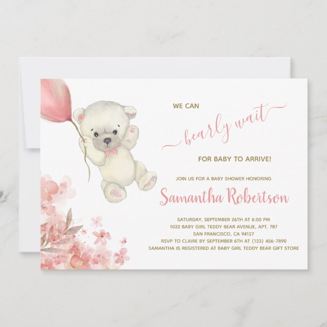 Invitation Teddy Polar Ours rose Balloon Baby shower fille (Devant)