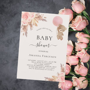 Invitation Teden ours rose pampa herbe fille baby shower