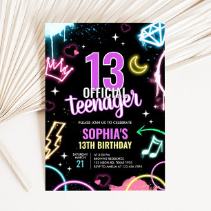 Invitation Teenager Neon treizième anniversaire