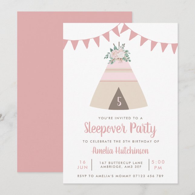 Invitation Teepee Fête de bois Filles rose Floral Anniversair (Devant / Derrière)