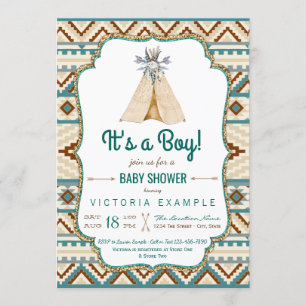 Invitation Teepee Tribal Garçon Turquoise Aztec Baby Shower