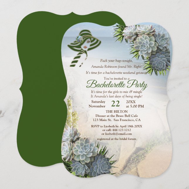 Invitation Teintes de la mer Vert & Succulent Bachelorette Pa (Devant / Derrière)