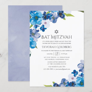 Invitation teintes du Bat mitzvah floral bleu