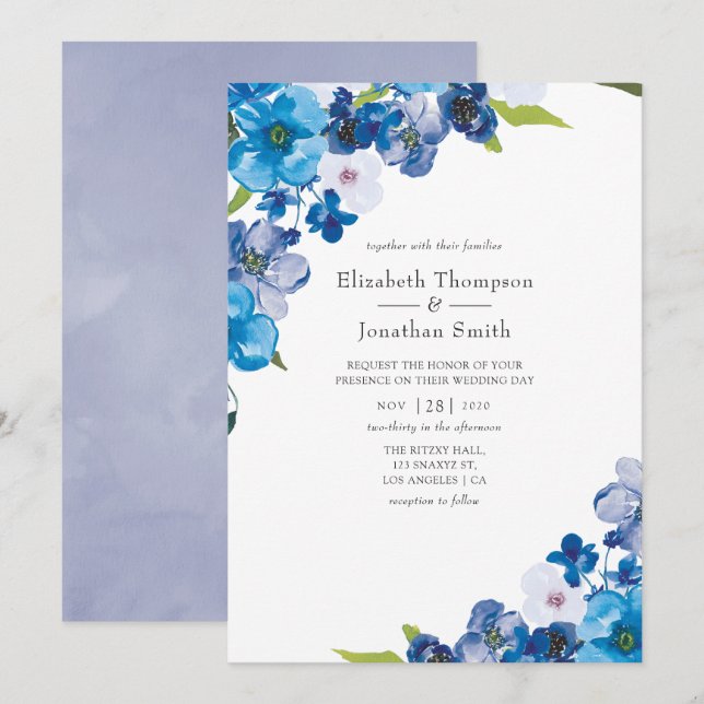 Invitation teintes du Mariage floral bleu (Devant / Derrière)