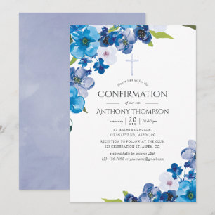 Invitation Teintes pastel de confirmation florale bleue