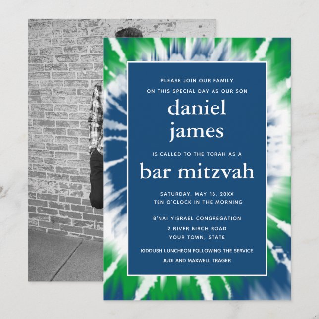 Invitation Teinture Bleu et Vert Barre Mitzvah Photo unique (Devant / Derrière)