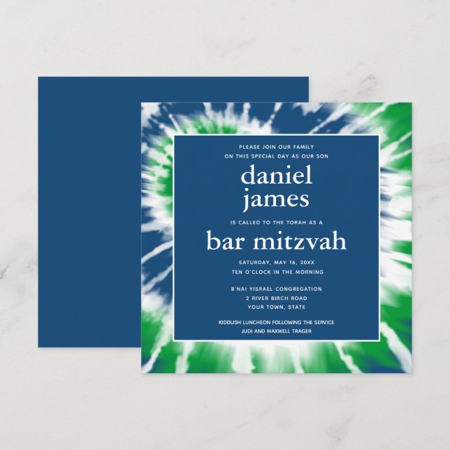 Invitation Teinture bleue et verte Barre Bar Mitzvah Carré (Devant / Derrière)