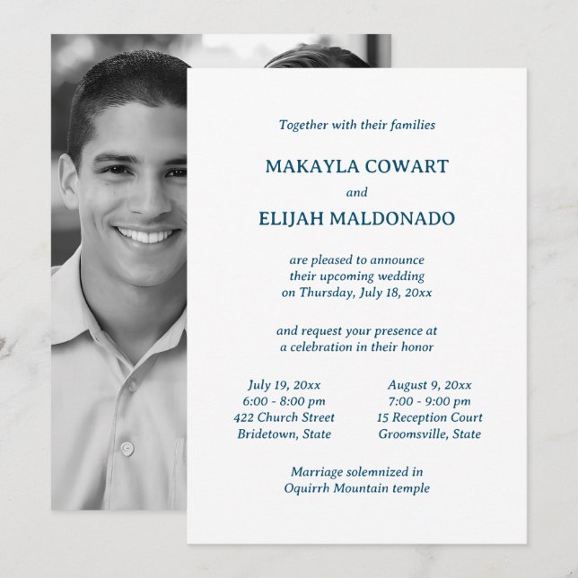 Invitation Temple bleu/blanc minimal Mariage Deux Réception (Devant / Derrière)